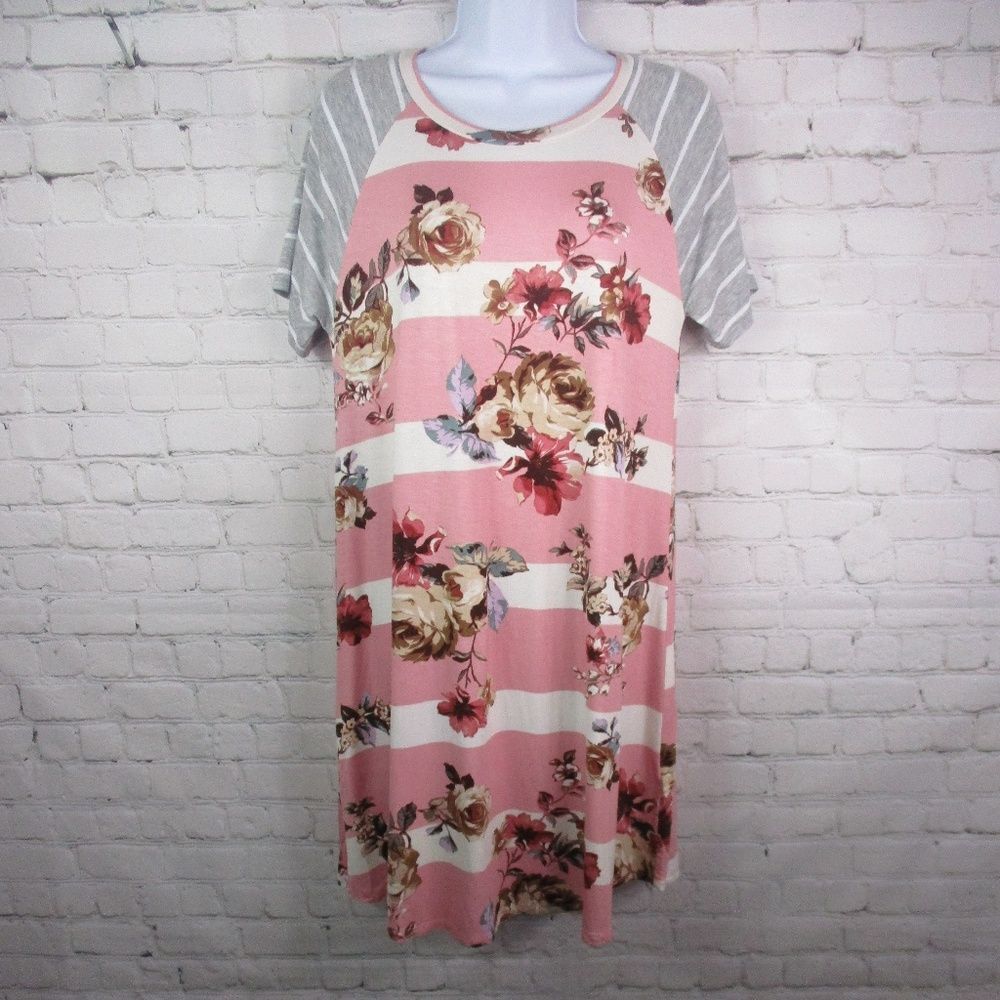 Floral Mixed Print Striped T Shirt Dress